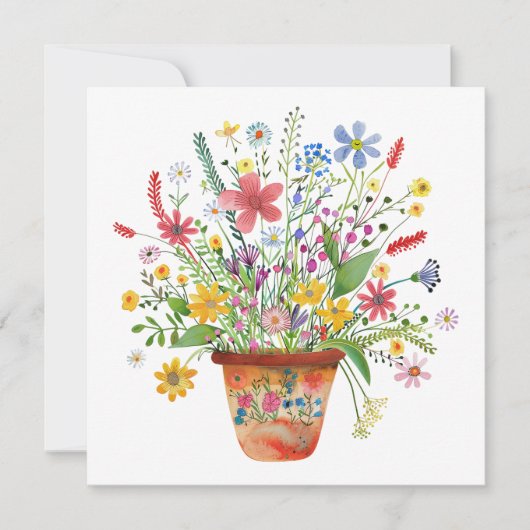 Whimsical Flowers in Pot Cheer Thinking of You Kaart (Voorkant)