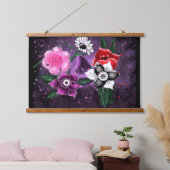 Whimsical Flowers Paarse Bloemen Zwart Wit Roze Hangend Wandkleed (Slaapkamer)