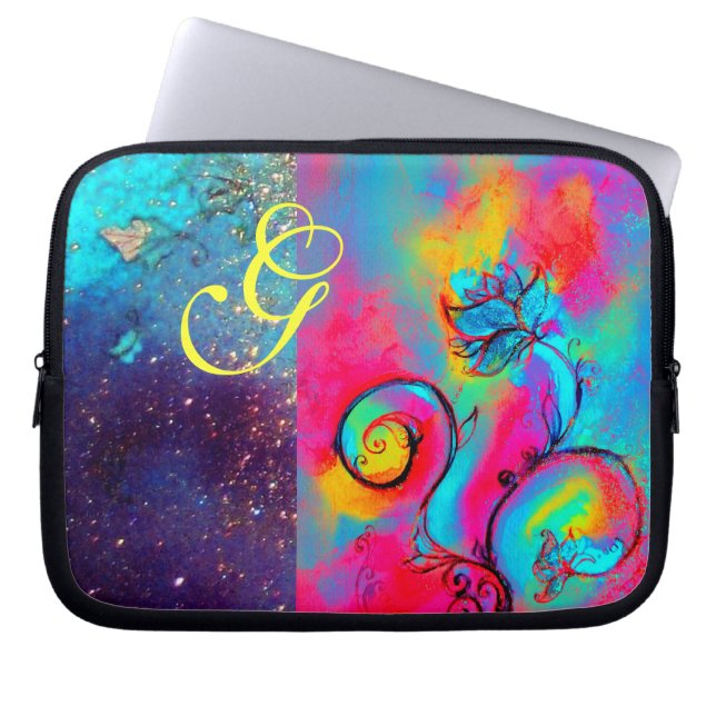 WHIMSICAL FLOWERS roze geel paars, blauw Laptop Sleeve (Voorkant)