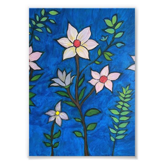 Whimsical Flowers with Blue Background Foto Afdruk (Voorkant)