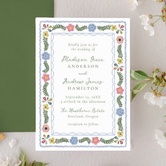 Whimsical Folk Art Floral Wedding Invitation