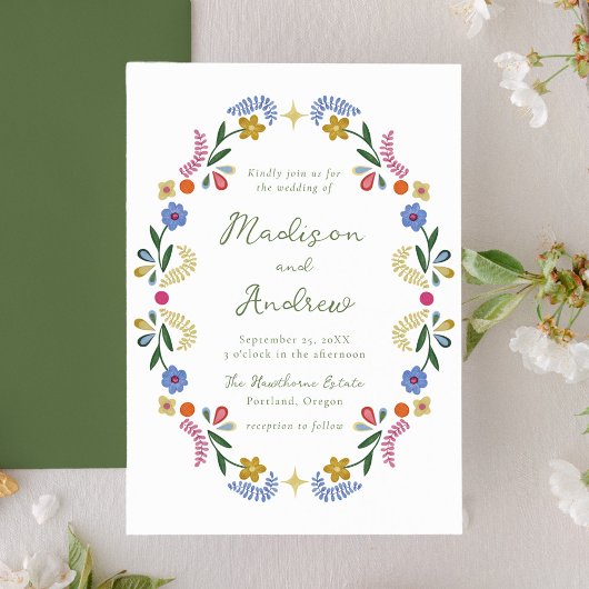 Whimsical Folk Art Floral Wedding Invitation Kaart