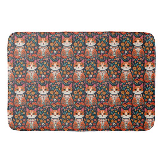 Whimsical Folk Art Kat en Bloemen Badmat (Voorkant)