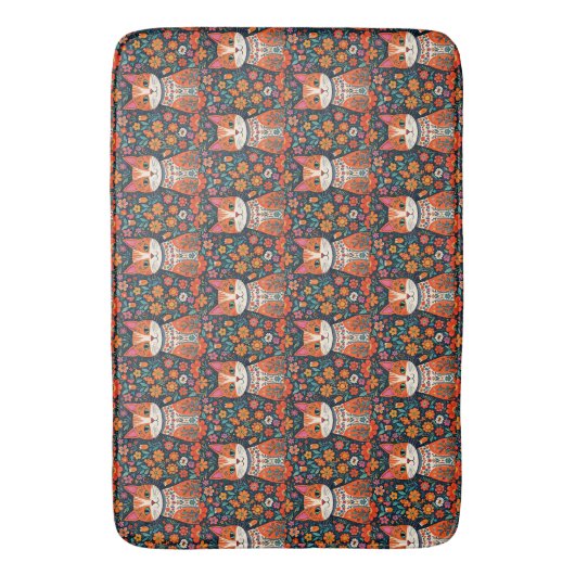 Whimsical Folk Art Kat en Bloemen Badmat (Voorkant Verticaal)