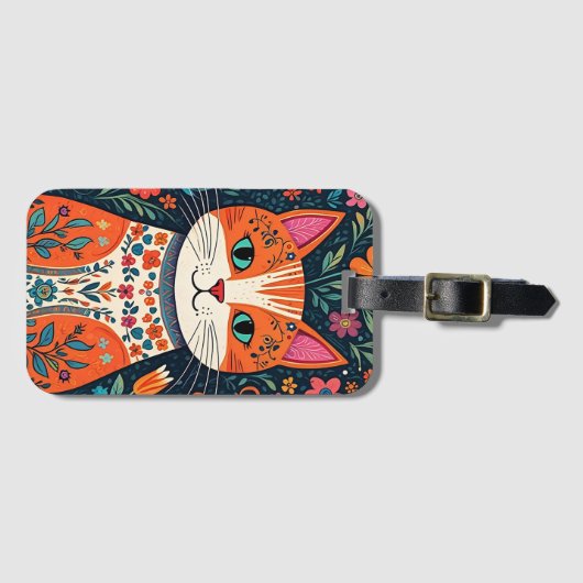 Whimsical Folk Art Kat en Bloemen Bagagelabel (Voorkant (horizontaal))