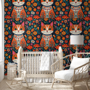 Whimsical Folk Art Kat en Bloemen Behang