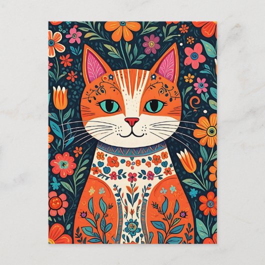 Whimsical Folk Art Kat en Bloemen Briefkaart (Voorkant)