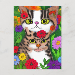 Whimsical Folk Art Kat en Bloemen Briefkaart