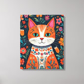 Whimsical Folk Art Kat en Bloemen Canvas Afdruk (Voorkant)