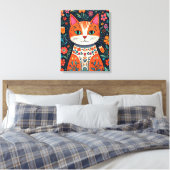 Whimsical Folk Art Kat en Bloemen Canvas Afdruk (Insitu (Slaapkamer))