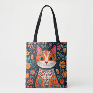 Whimsical Folk Art Kat en Bloemen Draagtas