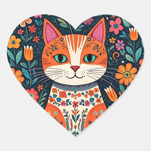Whimsical Folk Art Kat en Bloemen Hart Sticker (Voorkant)