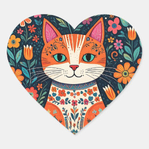Whimsical Folk Art Kat en Bloemen Hart Sticker