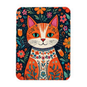 Whimsical Folk Art Kat en Bloemen Magneet (Verticaal)