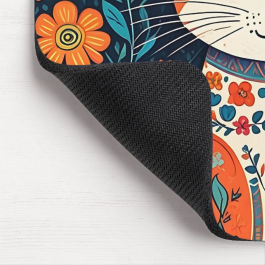 Whimsical Folk Art Kat en Bloemen Muismat (Hoek)