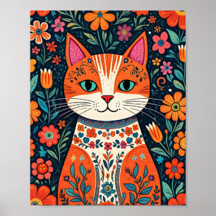 Whimsical Folk Art Kat en Bloemen Poster