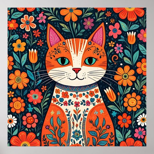 Whimsical Folk Art Kat en Bloemen Poster (Voorkant)