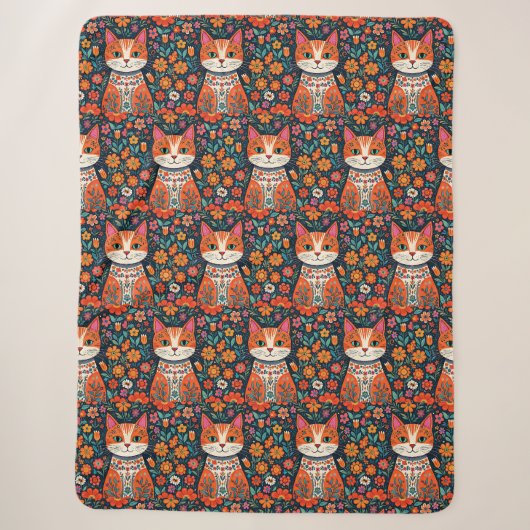 Whimsical Folk Art Kat en Bloemen Sherpa Deken (Voorkant)
