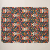Whimsical Folk Art Kat en Bloemen Sherpa Deken (Voorkant (horizontaal))