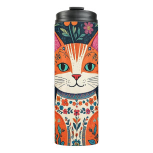 Whimsical Folk Art Kat en Bloemen Thermosbeker