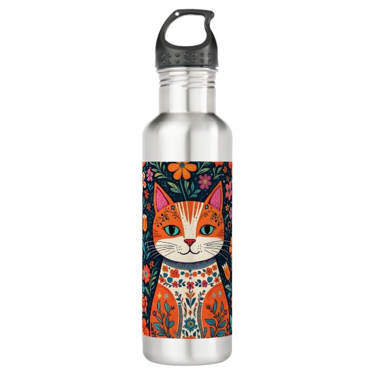 Whimsical Folk Art Kat en Bloemen Waterfles (Voorkant)