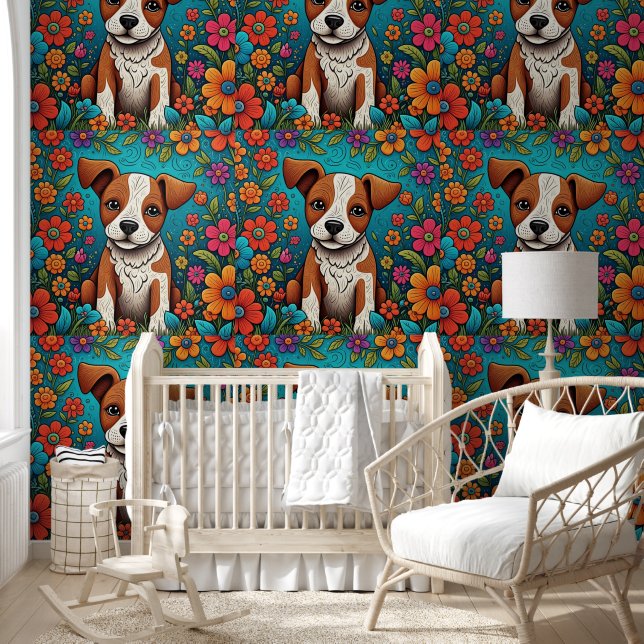 Whimsical Folk Art Puppy Hond en Bloemen Behang (Kinderen)