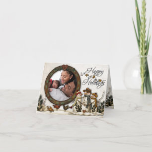 Whimsical Folk Art Snowmen - Kerstfotokaart Feestdagen Kaart