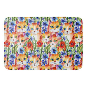 Whimsical Folk Art Waterverf Bloemen en Katten Badmat