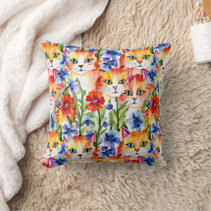 Whimsical Folk Art Waterverf Bloemen en Katten Kussen
