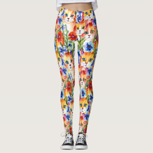 Whimsical Folk Art Waterverf Bloemen en Katten Leggings