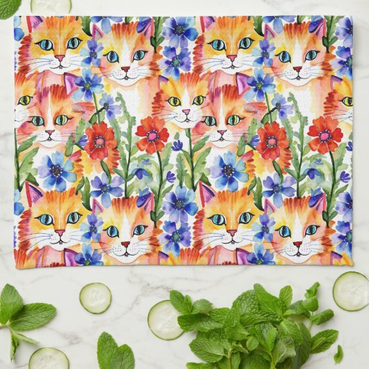 Whimsical Folk Art Waterverf Bloemen en Katten Theedoek (Gevouwen)