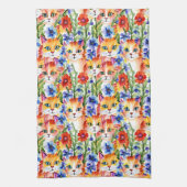 Whimsical Folk Art Waterverf Bloemen en Katten Theedoek (Verticaal)