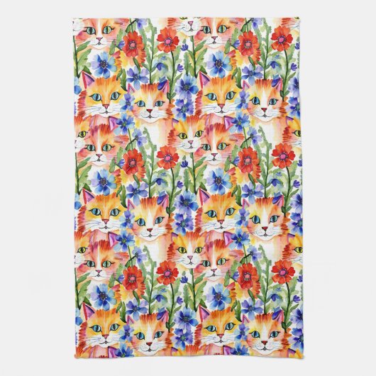 Whimsical Folk Art Waterverf Bloemen en Katten Theedoek (Verticaal)
