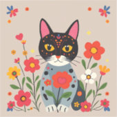 Whimsical Folk Art Zwarte kat en bloemen Sticker (Voorkant)
