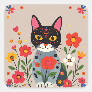 Whimsical Folk Art Zwarte kat en bloemen Vierkante Sticker