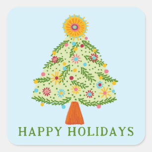 Whimsical Folk Christmas Tree CUSTOM FOTO Vierkante Sticker
