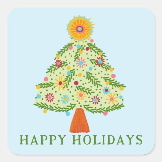 Whimsical Folk Christmas Tree CUSTOM Gift Vierkante Sticker (Voorkant)