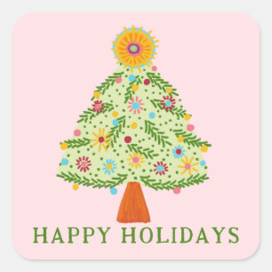 Whimsical Folk Christmas Tree CUSTOM Gift Vierkante Sticker