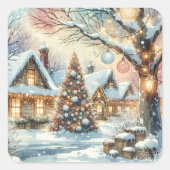 Whimsical Folk Village Kerstmis Vierkante Sticker (Voorkant)