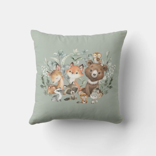 Whimsical Forest Animals Sage Greenery Kussen (Achterkant)