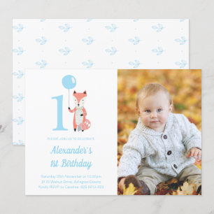 Whimsical Fox & Balloon Blauw 1e Verjaardag Foto Kaart
