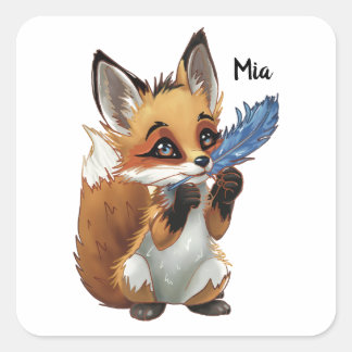 Whimsical Fox with a Feather Vierkante Sticker