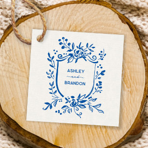 Whimsical Frans-blauw botanisch wapen Huwelijk Bedankjes Labels