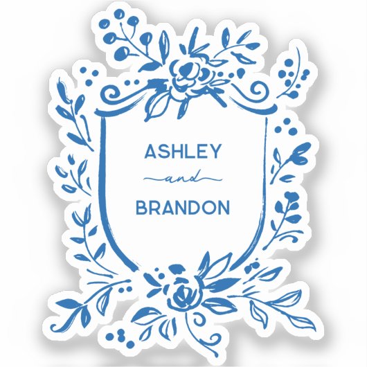 Whimsical French Blue Botanical Crest Wedding Sticker (Voorkant)