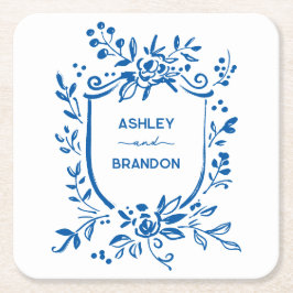 Whimsical French Blue Botanical Crest Wedding Vierkante Kartonnen Onderzetter