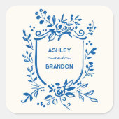 Whimsical French Blue Botanical Crest Wedding Vierkante Sticker (Voorkant)