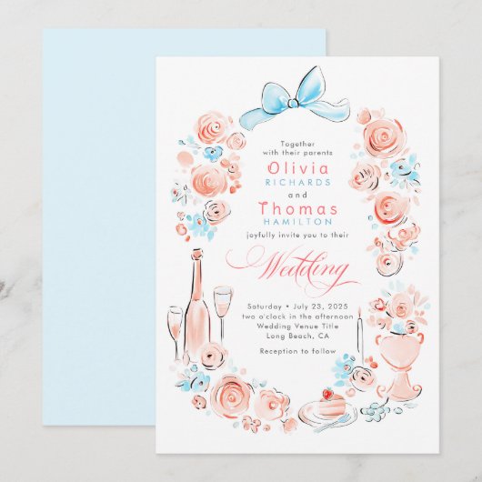 Whimsical French Floral Hand Drawn Wedding Kaart (Voorkant / Achterkant)