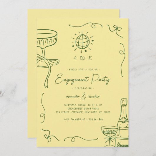 Whimsical French Fun Hand Drawn Engagement Party Kaart (Voorkant / Achterkant)