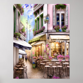 Whimsical French Street Cafe Poster, waterverf Poster