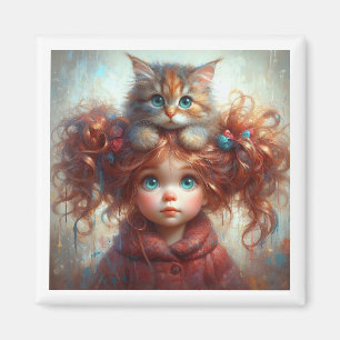 Whimsical Friendship: Meisje en kitten magneet
